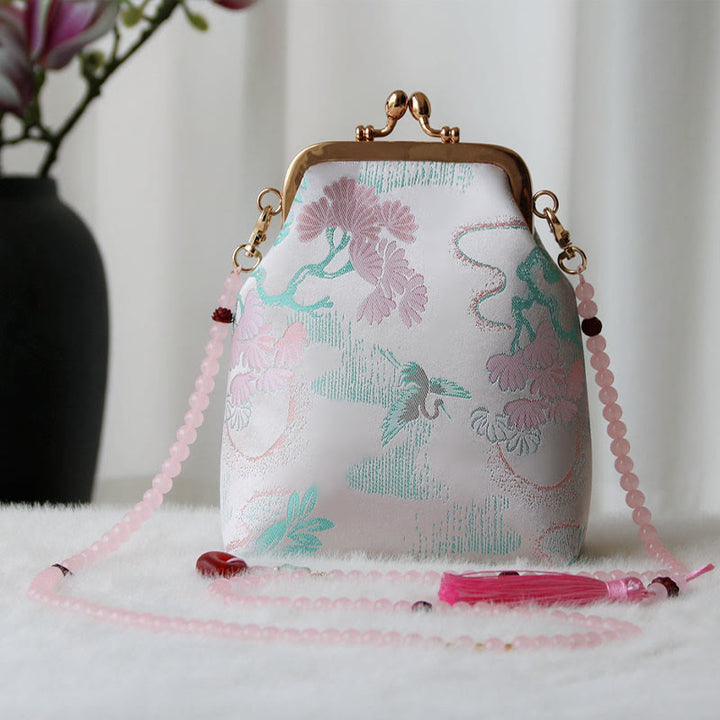 Buddha Stones Retro Chinese Embroidery Pearl Chain Crossbody Bag Shoudler Bag - LavenderBlush Tree 14*6*18cm - image 19