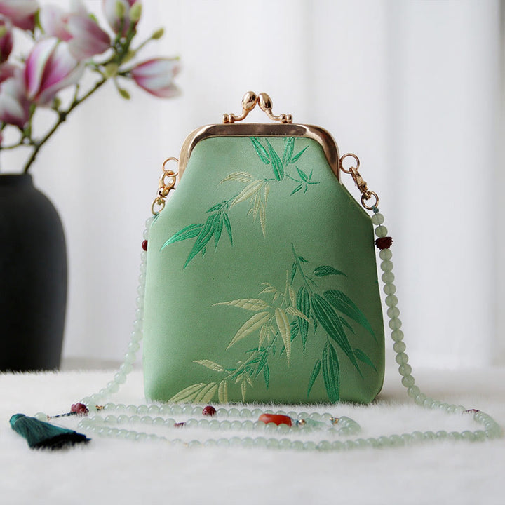 Buddha Stones Retro Chinese Embroidery Pearl Chain Crossbody Bag Shoudler Bag - SpringGreen Bamboo Leaves 14*6*18cm - image 16