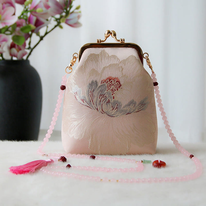 Buddha Stones Retro Chinese Embroidery Pearl Chain Crossbody Bag Shoudler Bag - Pink Flower 14*6*18cm - image 12