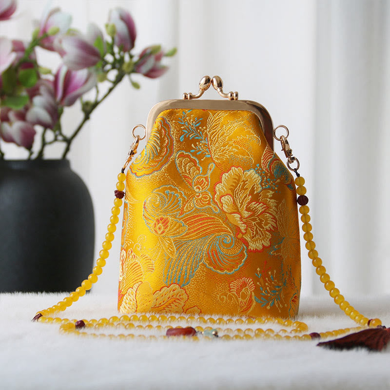 Buddha Stones Retro Chinese Embroidery Pearl Chain Crossbody Bag Shoudler Bag - Gold Flower 14*6*18cm - image 21