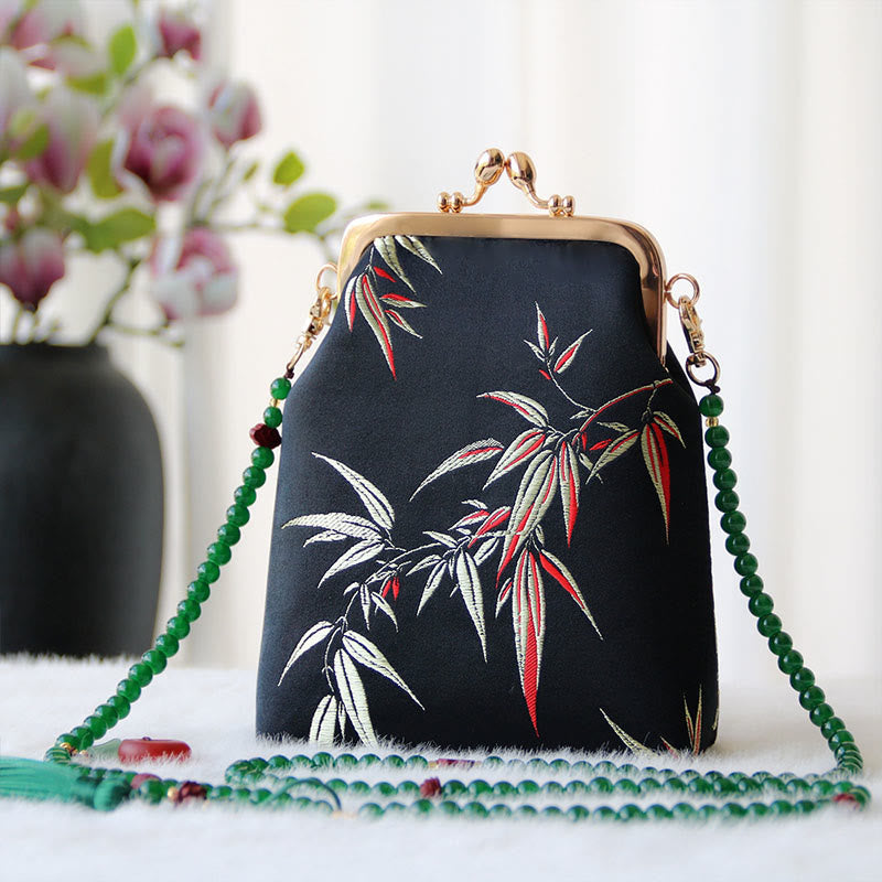 Buddha Stones Retro Chinese Embroidery Pearl Chain Crossbody Bag Shoudler Bag - Black Bamboo Leaves 14*6*18cm - image 24