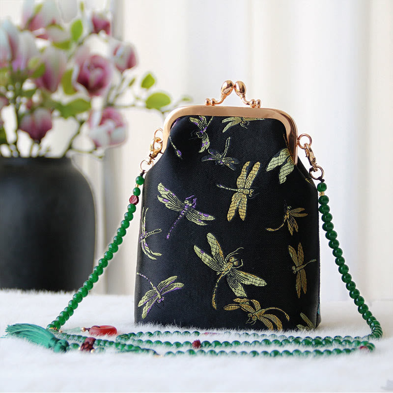 Buddha Stones Retro Chinese Embroidery Pearl Chain Crossbody Bag Shoudler Bag - Black Dragonfly 14*6*18cm - image 26
