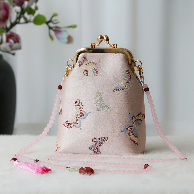 Buddha Stones Retro Chinese Embroidery Pearl Chain Crossbody Bag Shoudler Bag - Pink Butterfly 14*6*18cm - image 30