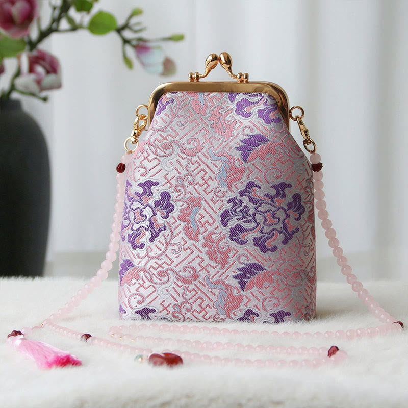 Buddha Stones Retro Chinese Embroidery Pearl Chain Crossbody Bag Shoudler Bag - LightPink Flower 14*6*18cm - image 31
