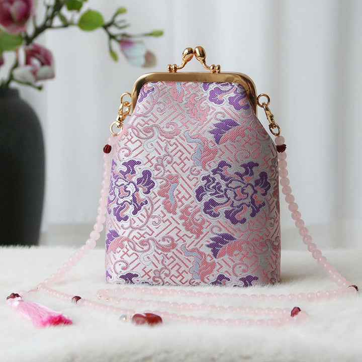 Buddha Stones Retro Chinese Embroidery Pearl Chain Crossbody Bag Shoudler Bag - LightPink Flower 14*6*18cm - image 31