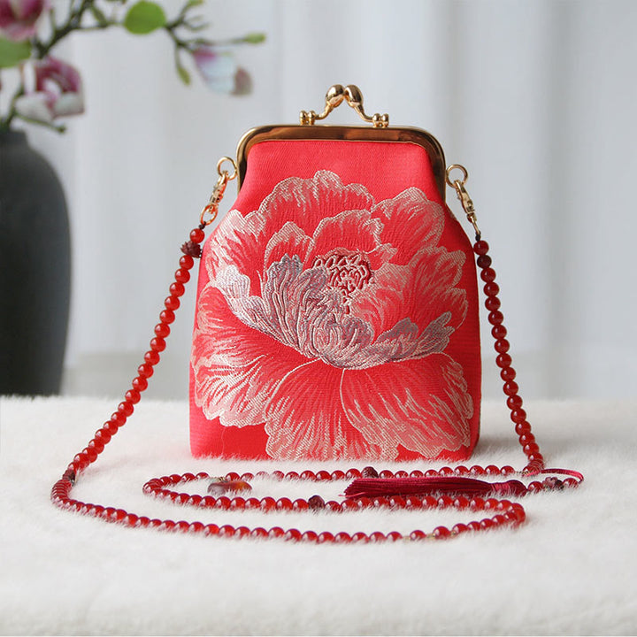 Buddha Stones Retro Chinese Embroidery Pearl Chain Crossbody Bag Shoudler Bag - Red Big Flower 14*6*18cm - image 29
