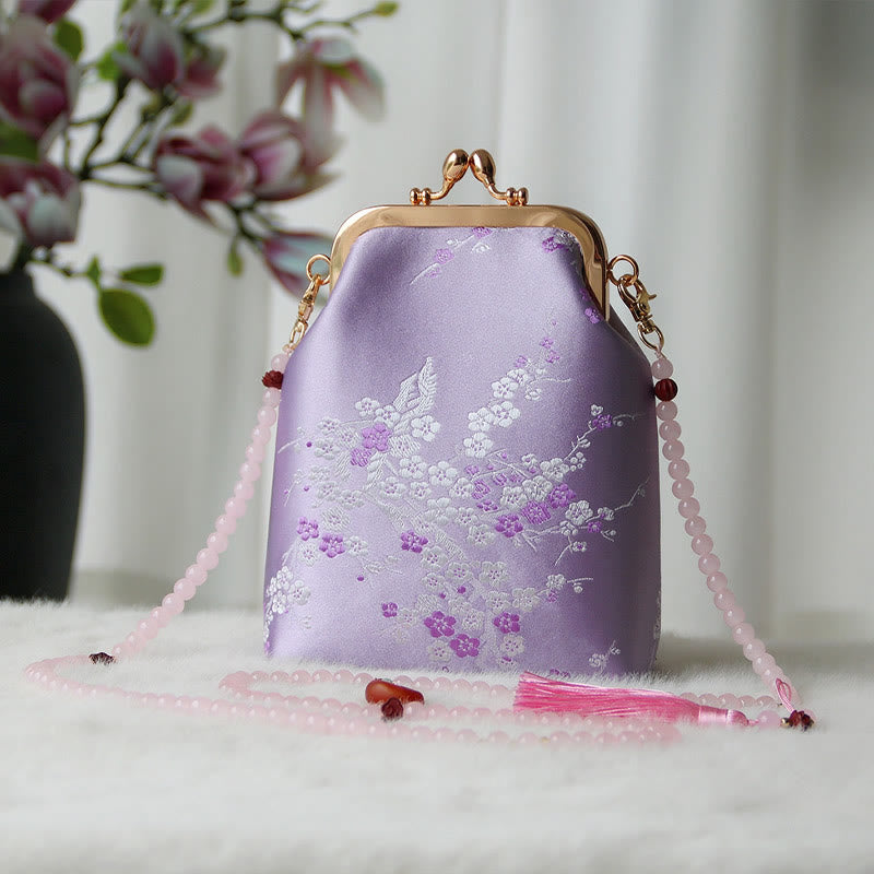 Buddha Stones Retro Chinese Embroidery Pearl Chain Crossbody Bag Shoudler Bag - Orchid Plum 14*6*18cm - image 33