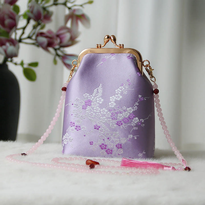 Buddha Stones Retro Chinese Embroidery Pearl Chain Crossbody Bag Shoudler Bag - Orchid Plum 14*6*18cm - image 33
