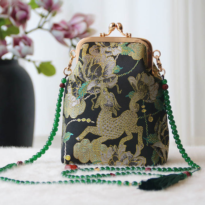 Buddha Stones Retro Chinese Embroidery Pearl Chain Crossbody Bag Shoudler Bag - Black Kirin Peony 14*6*18cm - image 35