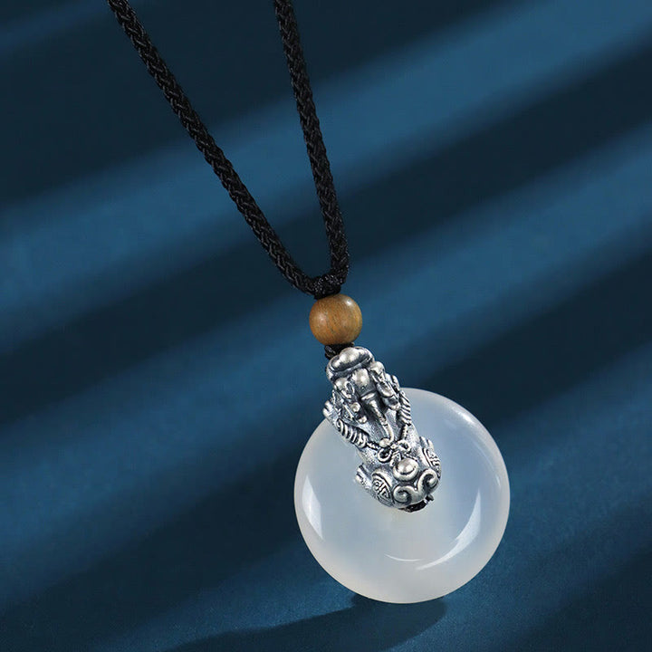 Buddha Stones White Agate 999 Sterling Silver Black Onyx Green Sandalwood Pi Xiu Peace Buckle Six True Words Necklace Pendant - White Agate 999 Sterling Silver Green Sandalwood - image 4