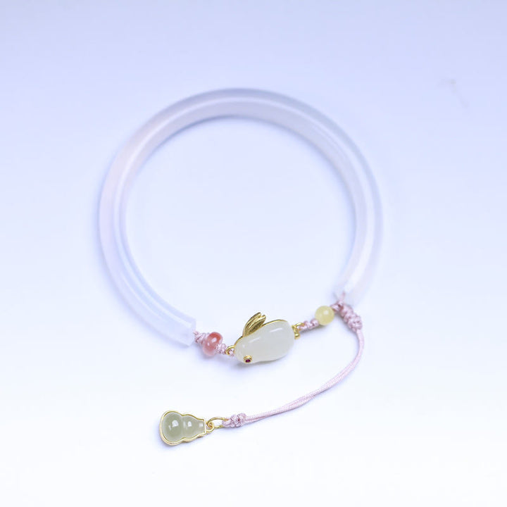 Buddha Stones Natural White Agate Hetian Jade Rabbit Positive Bracelet Bangle - image 5