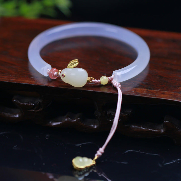 Buddha Stones Natural White Agate Hetian Jade Rabbit Positive Bracelet Bangle - White Agate(Wrist Circumference: 14-17cm) - image 1