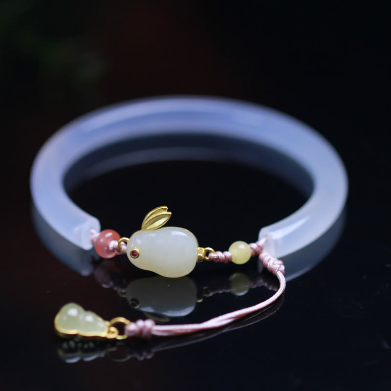 Buddha Stones Natural White Agate Hetian Jade Rabbit Positive Bracelet Bangle - image 3