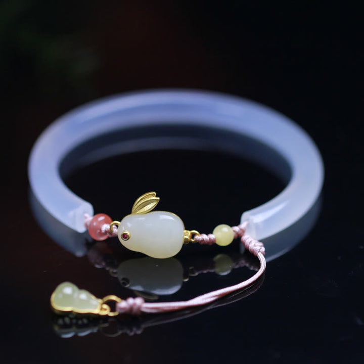Buddha Stones Natural White Agate Hetian Jade Rabbit Positive Bracelet Bangle - image 3