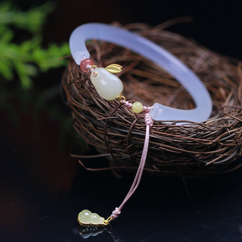 Buddha Stones Natural White Agate Hetian Jade Rabbit Positive Bracelet Bangle - image 2