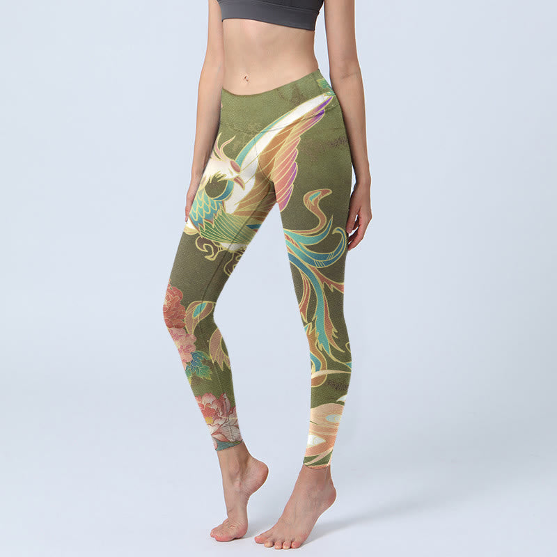 Buddha Stones Vibrant Phoenix Flowers Print Gym Leggings Women's Yoga Pants - OliveDrab - US18,UK/AU22,EU50 (4XL) - image 1