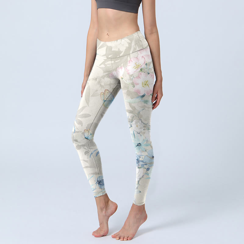 Buddha Stones Cherry Blossom Butterflies Print Gym Leggings Women's Yoga Pants - Beige - US18,UK/AU22,EU50 (4XL) - image 1