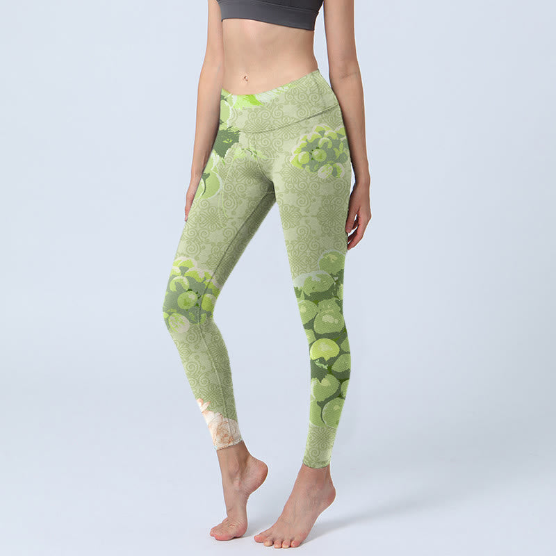 Buddha Stones Green Grapes Pink Roses Gym Leggings Women's Yoga Pants - YellowGreen - US18,UK/AU22,EU50 (4XL) - image 1