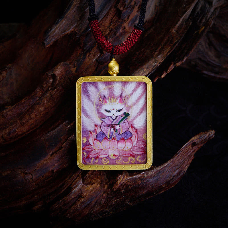 Buddha Stones Tibetan Zakiram Nine Tailed Fox Yellow God of Wealth Painted Thangka Hope Necklace Pendant - Nine-Tailed Fox - image 2