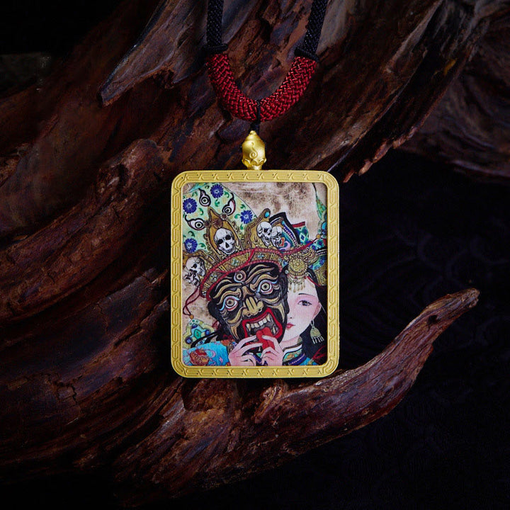 Buddha Stones Tibetan Zakiram Nine Tailed Fox Yellow God of Wealth Painted Thangka Hope Necklace Pendant - Past And Present Life - image 6