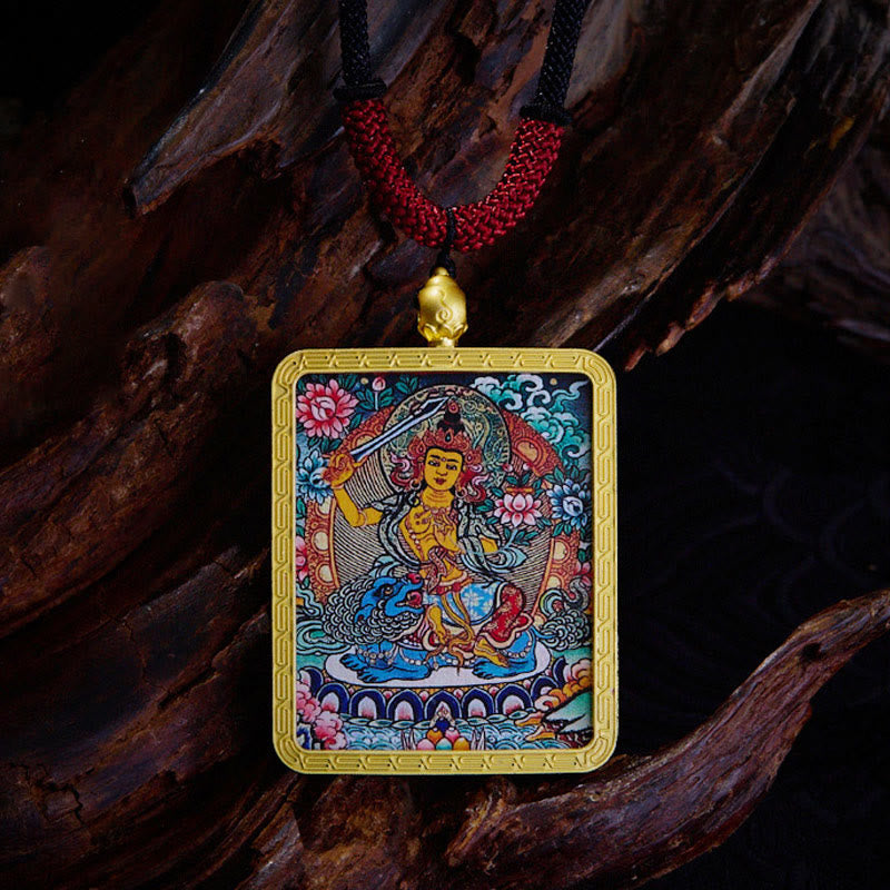 Buddha Stones Tibetan Zakiram Nine Tailed Fox Yellow God of Wealth Painted Thangka Hope Necklace Pendant - Manjusri - image 9