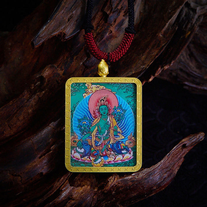 Buddha Stones Tibetan Zakiram Nine Tailed Fox Yellow God of Wealth Painted Thangka Hope Necklace Pendant - Green Tara - image 12
