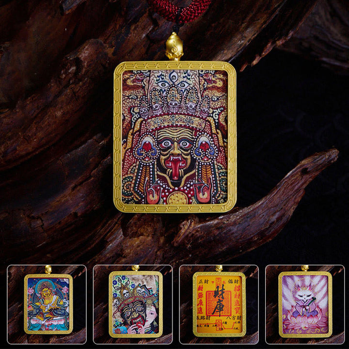 Buddha Stones Tibetan Zakiram Nine Tailed Fox Yellow God of Wealth Painted Thangka Hope Necklace Pendant - image 1