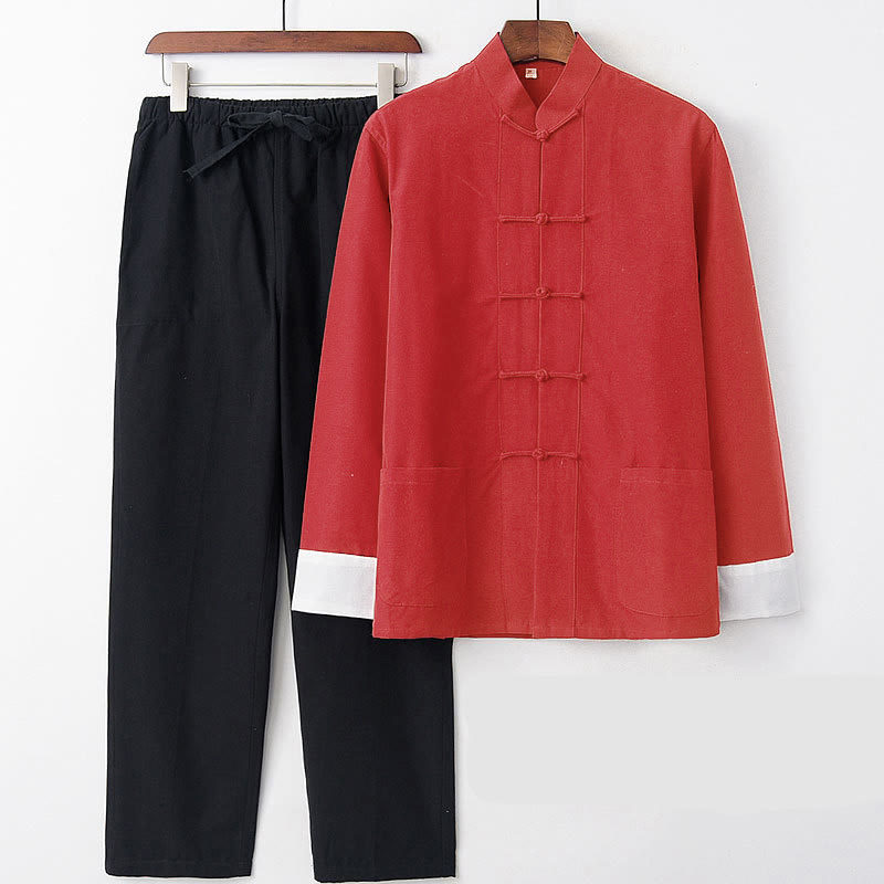 Buddha Stones 2Pcs Fall Men's Tang Suit Frog-Button Cotton Long Sleeve Shirt Pants Set - Red White Sleeve - US/UK/AU46,EU56 (5XL) - image 2