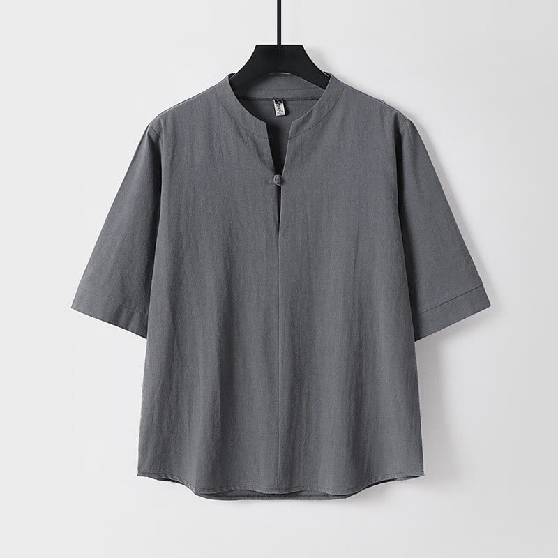 Buddha Stones Plain Color Three Quarter Sleeve One Button Cotton Linen Men's Shirt - Gray - US/UK/AU54,EU64 (9XL) - image 2