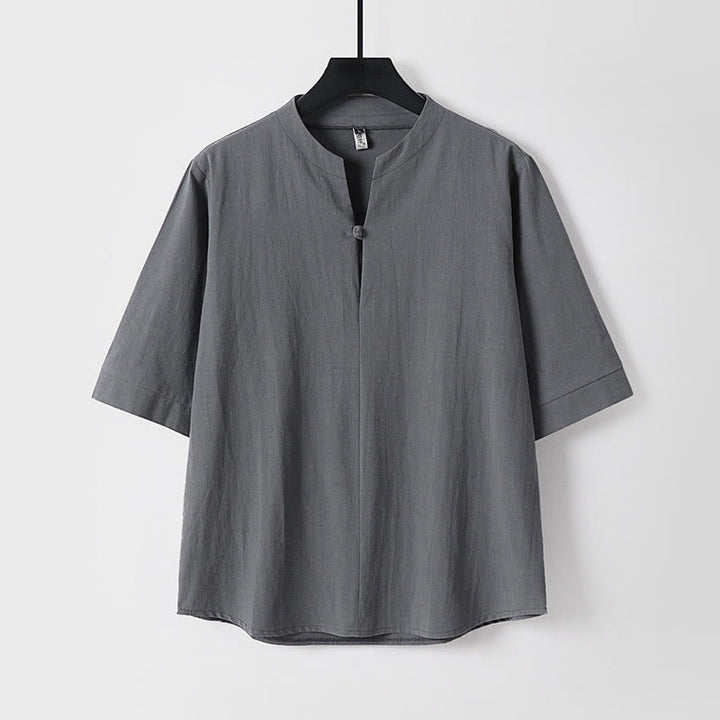Buddha Stones Plain Color Three Quarter Sleeve One Button Cotton Linen Men's Shirt - Gray - US/UK/AU54,EU64 (9XL) - image 2