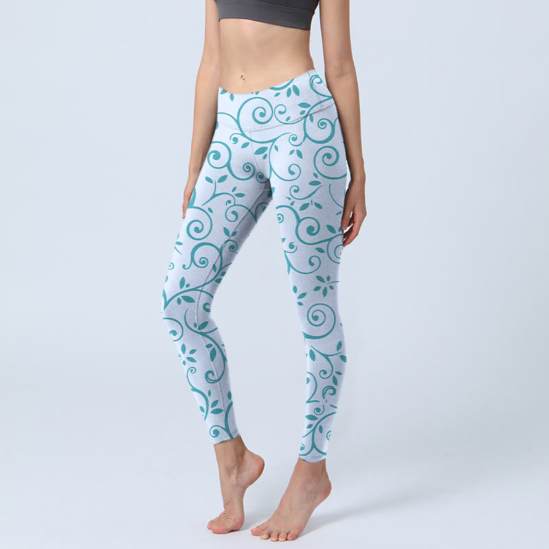 Buddha Stones Blue Vine Leaves Print Gym Leggings Women's Yoga Pants - LightSkyBlue - US18,UK/AU22,EU50 (4XL) - image 1