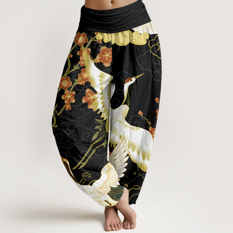 Buddha Stones Cranes Flowers Auspicious Clouds pattern Women's Elastic Waist Harem Pants - Black - US22,UK/AU26,EU54 (6XL) - image 1