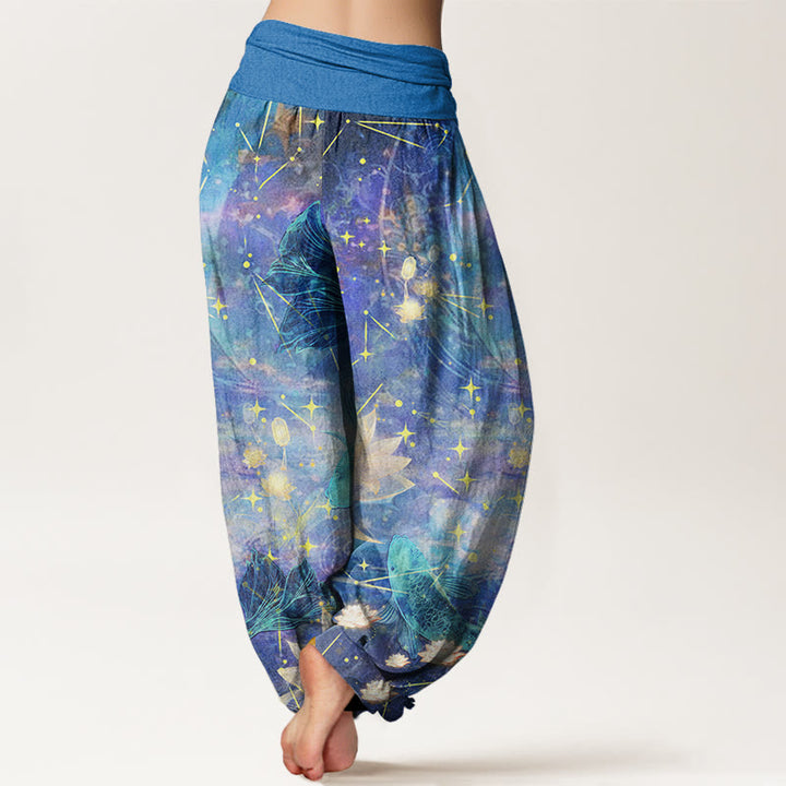 Buddha Stones Koi Fish Lotus Moon Stars Pattern Women's Elastic Waist Harem Pants - image 3