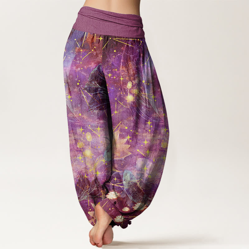 Buddha Stones Koi Fish Lotus Moon Stars Pattern Women's Elastic Waist Harem Pants - image 7
