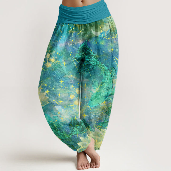 Buddha Stones Koi Fish Lotus Moon Stars Pattern Women's Elastic Waist Harem Pants - DarkTurquoise - US22,UK/AU26,EU54 (6XL) - image 8