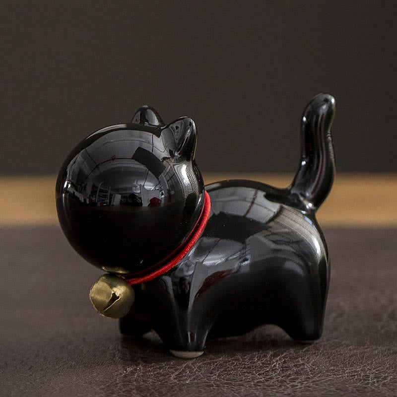 Buddha Stones Mini Cute Lucky Bell Cat Tea Pet Ceramic Home Desk Figurine Decoration - Lucky Cat Black 7*3.4*5.8cm - image 12