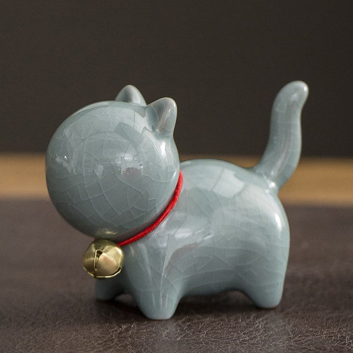 Buddha Stones Mini Cute Lucky Bell Cat Tea Pet Ceramic Home Desk Figurine Decoration - Lucky Cat Gray 7*3.4*5.8cm - image 13