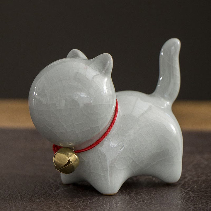 Buddha Stones Mini Cute Lucky Bell Cat Tea Pet Ceramic Home Desk Figurine Decoration - Lucky Cat Gray White 7*3.4*5.8cm - image 9