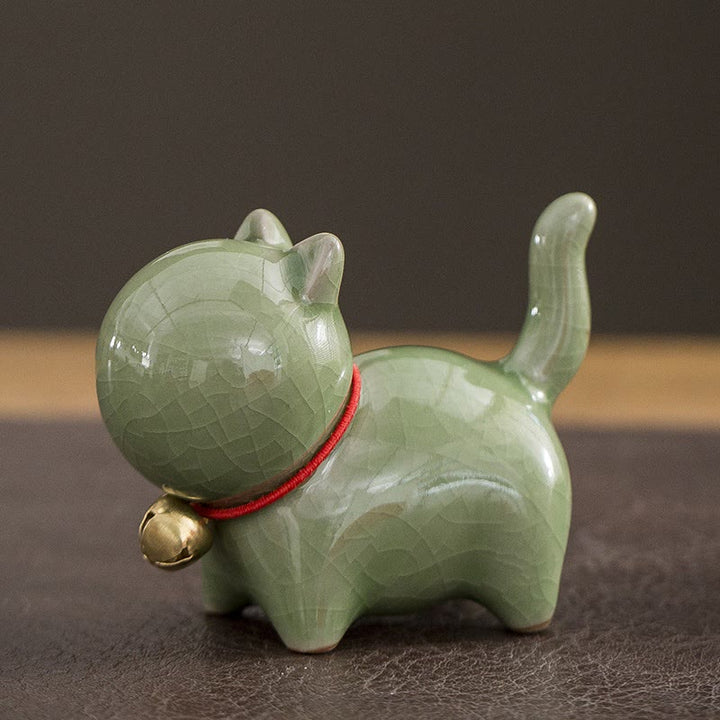 Buddha Stones Mini Cute Lucky Bell Cat Tea Pet Ceramic Home Desk Figurine Decoration - Lucky Cat Green 7*3.4*5.8cm - image 3