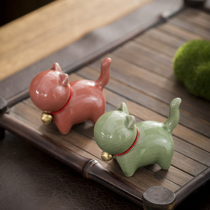 Buddha Stones Mini Cute Lucky Bell Cat Tea Pet Ceramic Home Desk Figurine Decoration - image 1
