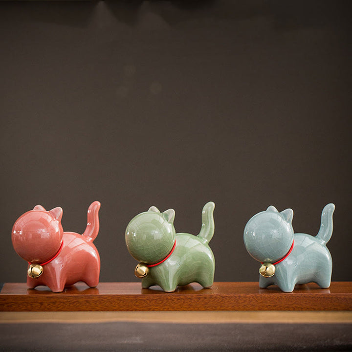 Buddha Stones Mini Cute Lucky Bell Cat Tea Pet Ceramic Home Desk Figurine Decoration - image 20