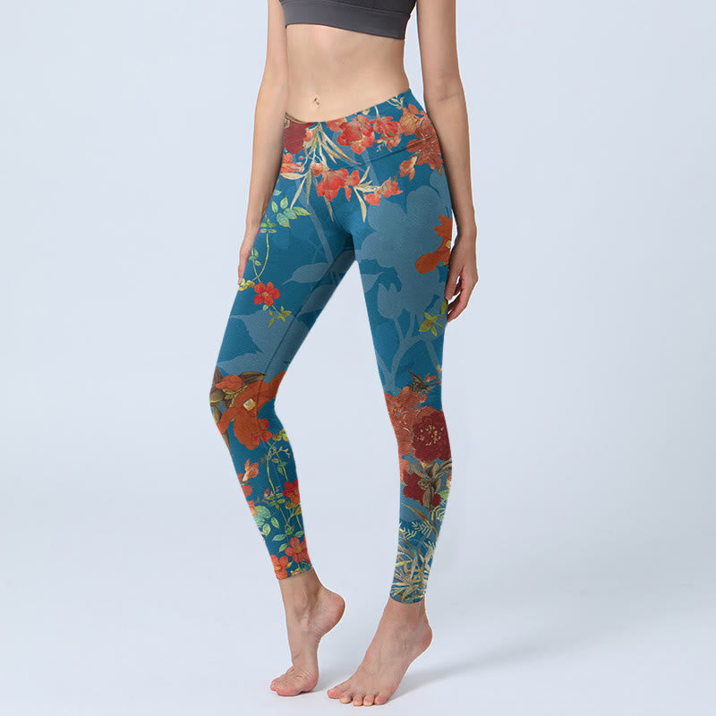 Buddha Stones Blue Red Flowers Birds Print Gym Leggings Women's Yoga Pants - SteelBlue - US18,UK/AU22,EU50 (4XL) - image 1