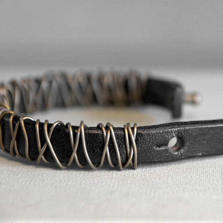 Buddha Stones Vintage Leather Copper Brass Wire Wrap Balance Bracelet