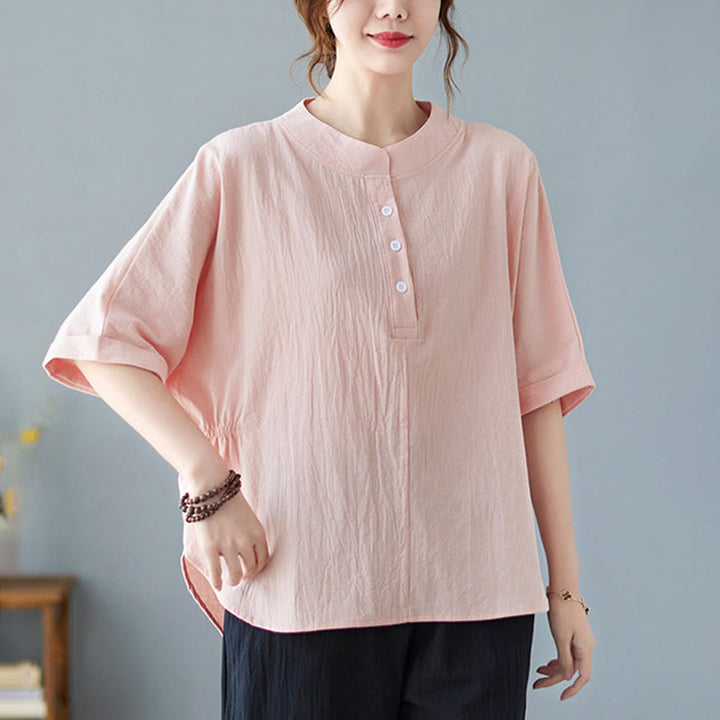 Buddha Stones Women's Plain Batwing Sleeve Design Half Sleeve Cotton Linen Shirt - MistyRose - US6,UK/AU10,EU38 (XL) - image 16