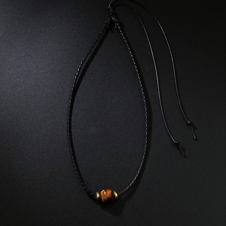 Buddha Stones Natural Tiger Eye Beaded Protection Wax Rope Necklace Pendant