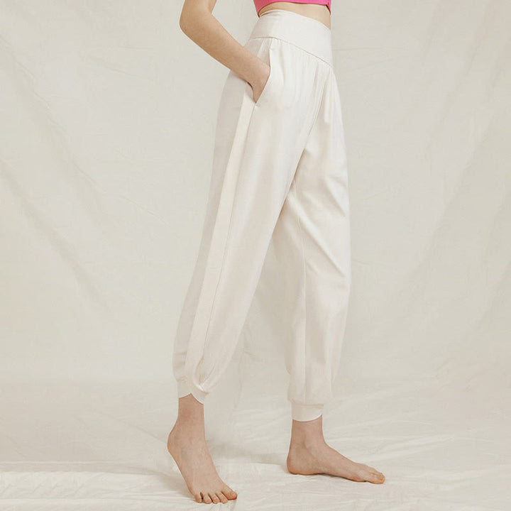 Buddha Stones Casual Plain High Waist Side Fold Quick Drying Women's Cotton Pants With Pockets - Ivory - US4,UK/AU8,EU36 (L) - image 1