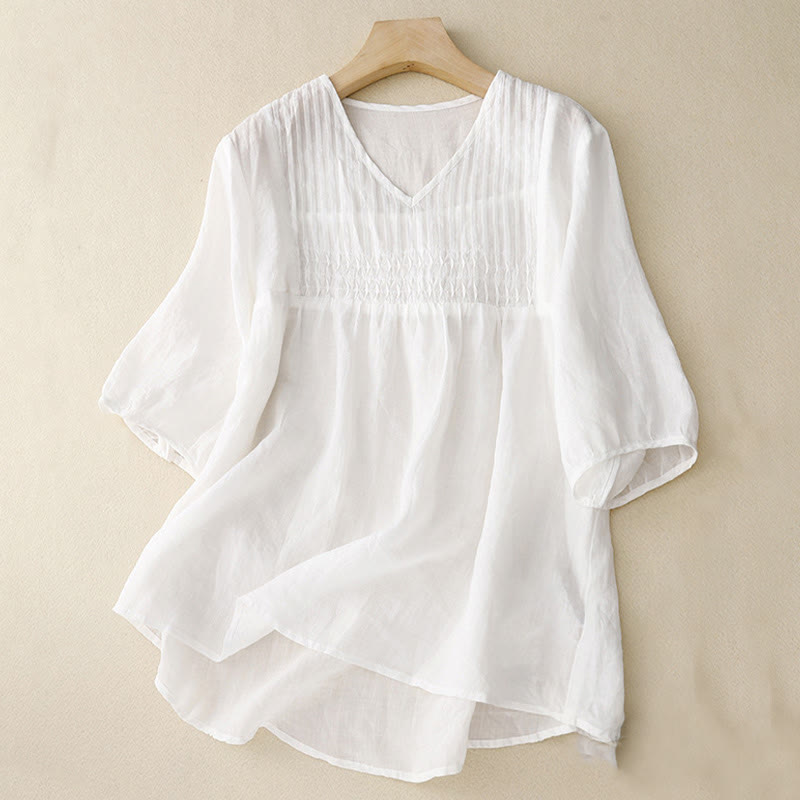 Buddha Stones Casual Plain Loose Women's V-Neck Design Half Sleeve Cotton Shirt - White - US12,UK/AU16,EU44 (2XL) - image 11
