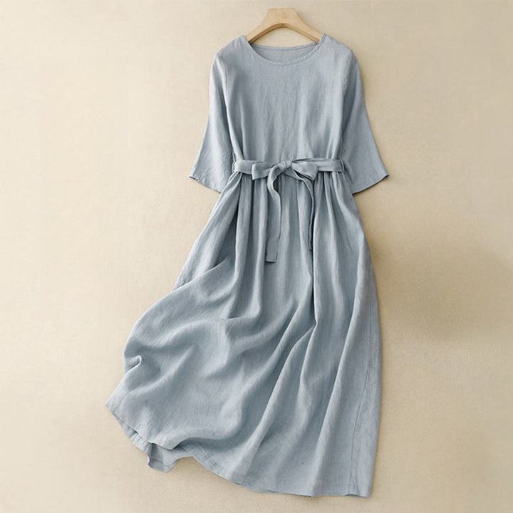 Buddha Stones Casual Plain Crew Neck Lace-up Half Sleeve Cotton Linen Midi Dress With Pockets - SkyBlue - US8-10,UK/AU12-14,EU40-42 (2XL) - image 8