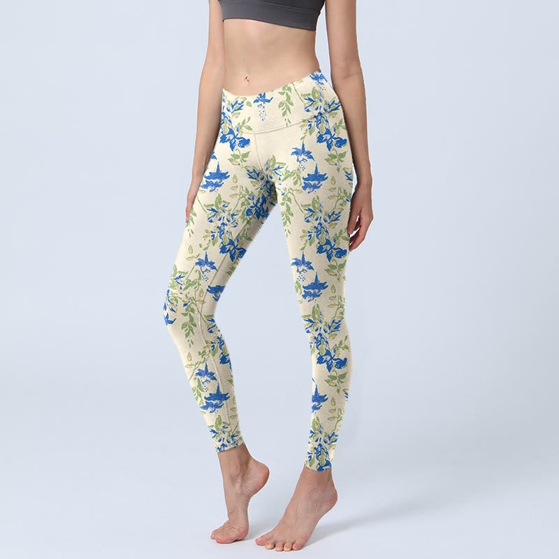 Buddha Stones Casual Dark Blue Flower Leaves Print Gym Fitness Leggings Women's Yoga Pants - Cornsilk - US18,UK/AU22,EU50 (4XL) - image 1
