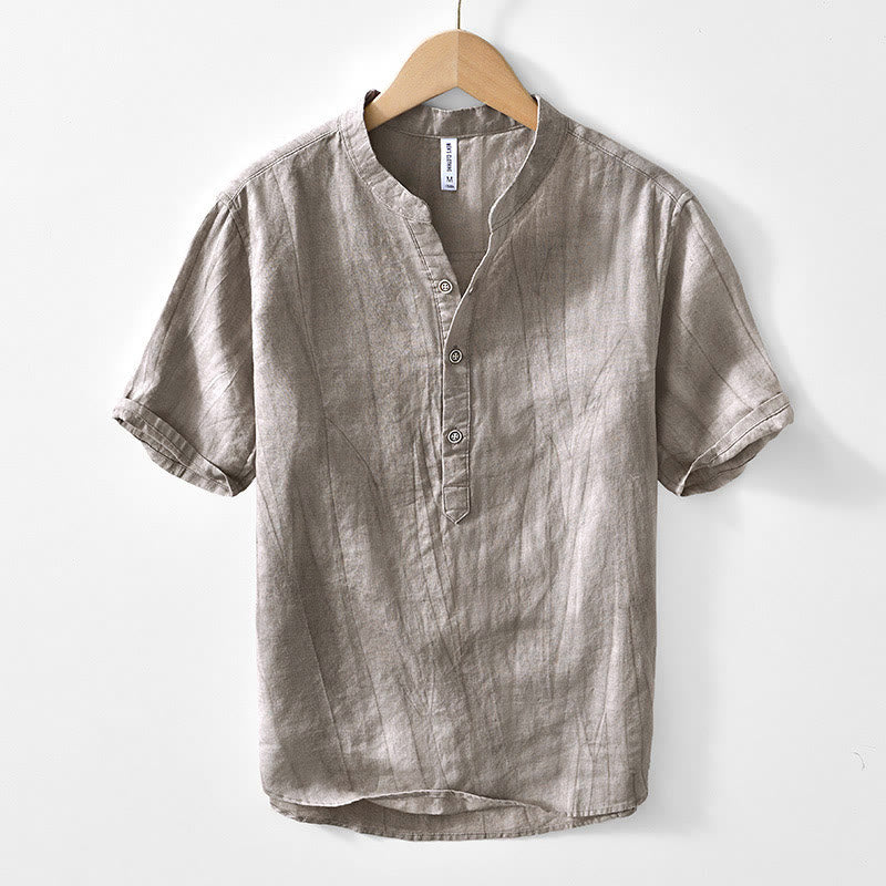 Buddha Stones Half Button Short Sleeve V-neck Ramie Cotton Men's Shirt - DarkKhaki - US/UK/AU44,EU54 (4XL) - image 7